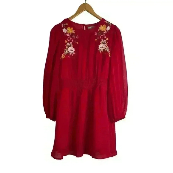 ASOS Red Embroidered Sheer Sleeve Mini Dress Elastic Waist Keyhole Back Size 8 - Picture 2 of 10